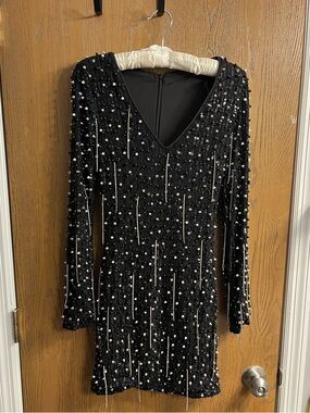 Beaded, studded, rhinestoned vintage black long sleeve mini dress